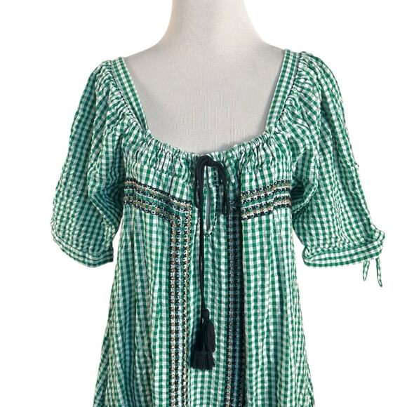 Free People Bohemian Embroidered Gingham Seersucker Cass Maxi Dress Green Small - Picture 7 of 16